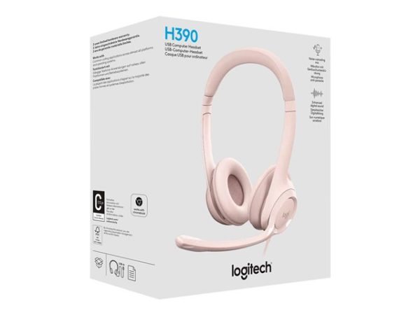 Logitech H390 - Headset, Estéreo, Supraaurales, Con cable, USB 20 Hz - 20KHz, Rosa